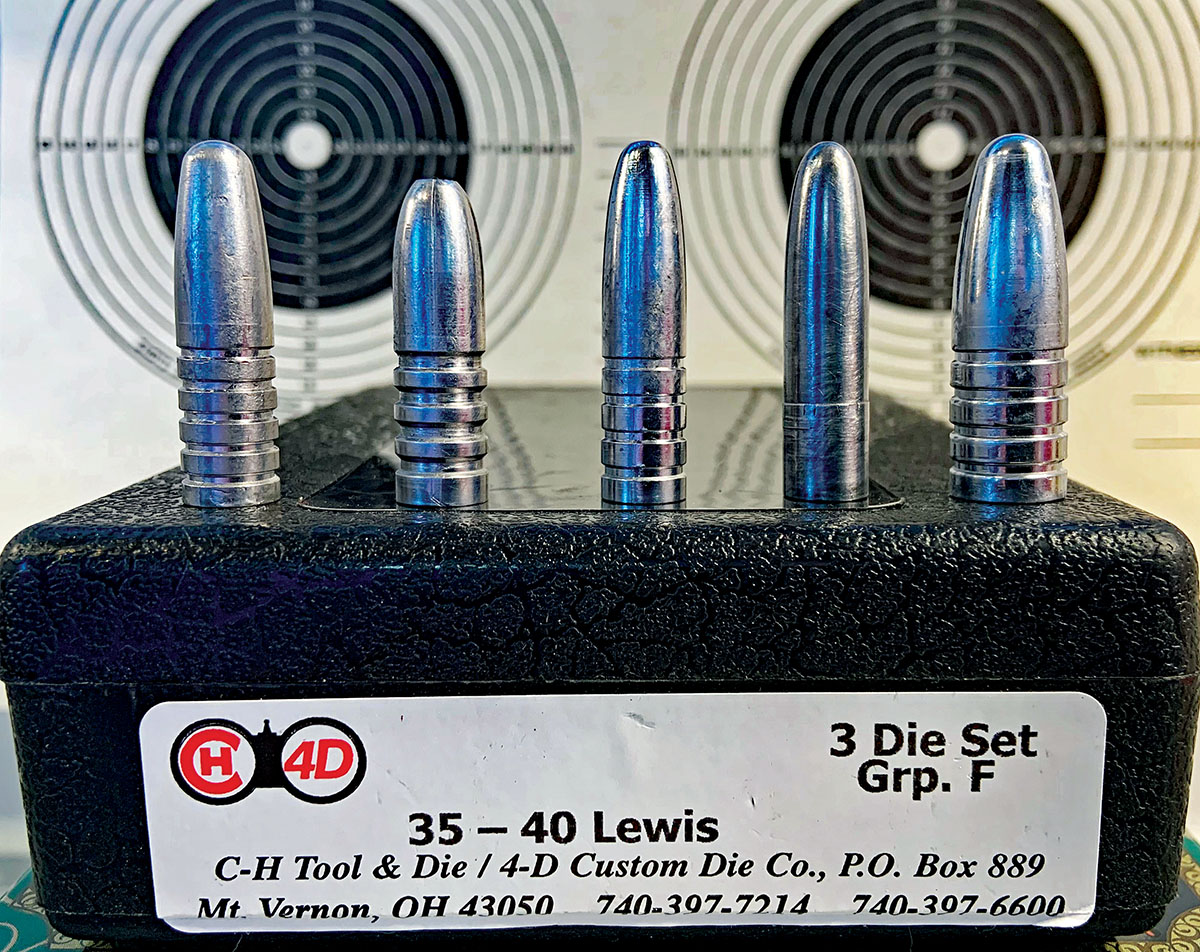 From left to right: .38 caliber, 367-grain Paul Jones bullet; .38 caliber, 340-grain Hoch; .38 caliber, 340-grain Lewis; .35 caliber, 340-grain Lucas-Brooks grooveless and a .45 caliber, 525-grain Paul Jones.
